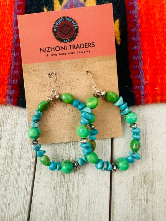 Navajo Kingman Turquoise & Sterling Silver Beaded Hoop Earrings