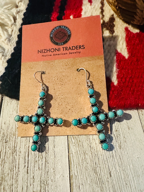 Handmade Turquoise & Sterling Silver Cross Wire Dangle Earrings Signed Nizhoni