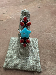 Beautiful Handmade Turquoise, Red Fire Opal And Sterling Silver Adjustable Star Ring