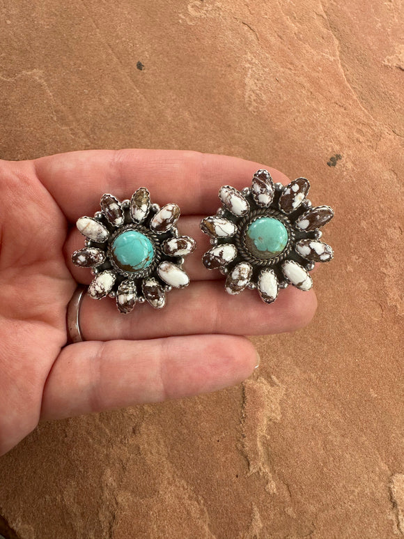 Handmade Flower Sterling Silver, Wild Horse, Number 8 Turquoise Cluster Post Earrings Signed Nizhoni