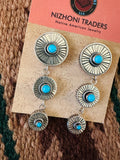 Navajo Hand Stamped Sterling Silver & Turquoise Concho Dangle Earrings