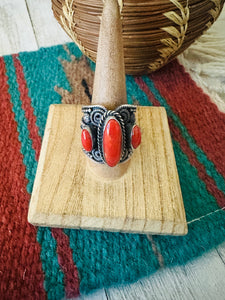 Navajo Sterling Silver and Coral Ring Size 10 by Hemerson Brown