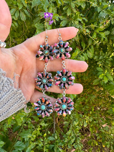 “Better Than Revenge” Handmade Pink Dream Mojave, Turquoise and Sterling Silver Flower Dangle Earrings