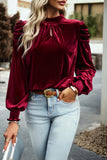 Tie Up Mock Neck Velvet Fabric Long Sleeve Blouse