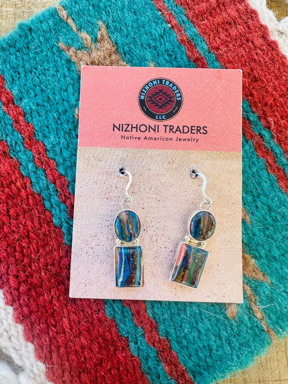 Navajo Rainbow Calsilica & Sterling Silver Dangle Earrings