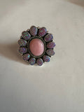 Handmade Pink Conch, Light Purple Fire Opal & Sterling Silver Adjustable Ring