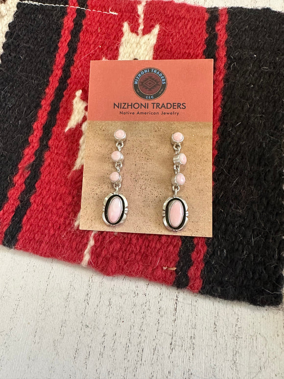 Navajo Sterling Silver Pink Conch 4 Stone Dangle Earrings