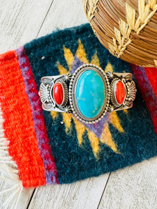 Old Pawn Navajo Sterling Silver, Turquoise & Coral Cuff Bracelet