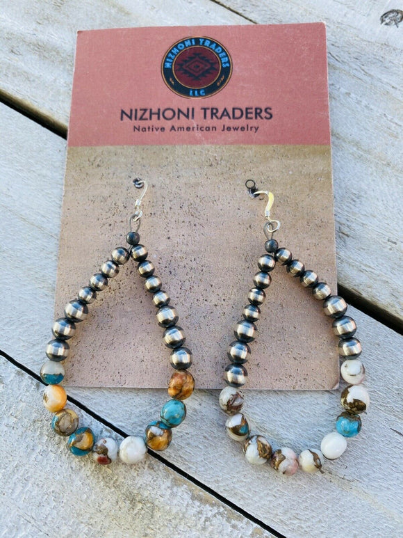 Navajo Sterling Silver Pearl, Turquoise & Spiny Oyster Spice Beaded Multi stone Earrings