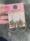 Navajo Sterling Silver Bead Orange Spiny Texas Hoop Earrings