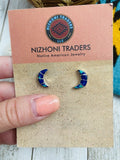 Zuni Sterling Silver And Azurite Inlay Moon Stud Earrings