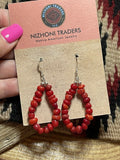 Navajo Sterling Silver Bead Apple Coral Dangle 2 Inch Long Hoop Earrings