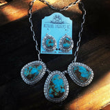 Navajo Pilot Mountain Turquoise Sterling Silver Necklace Set Signed And Stamped