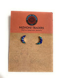 Zuni Sterling Silver And Azurite Inlay Moon Stud Earrings