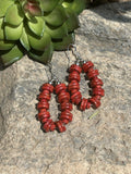 Navajo Sterling Silver Double Bead Apple Coral Dangle Hoop Earrings