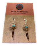 Navajo Sterling Silver Turquoise  Coral Dream Catcher, Feather Dangle Earrings.