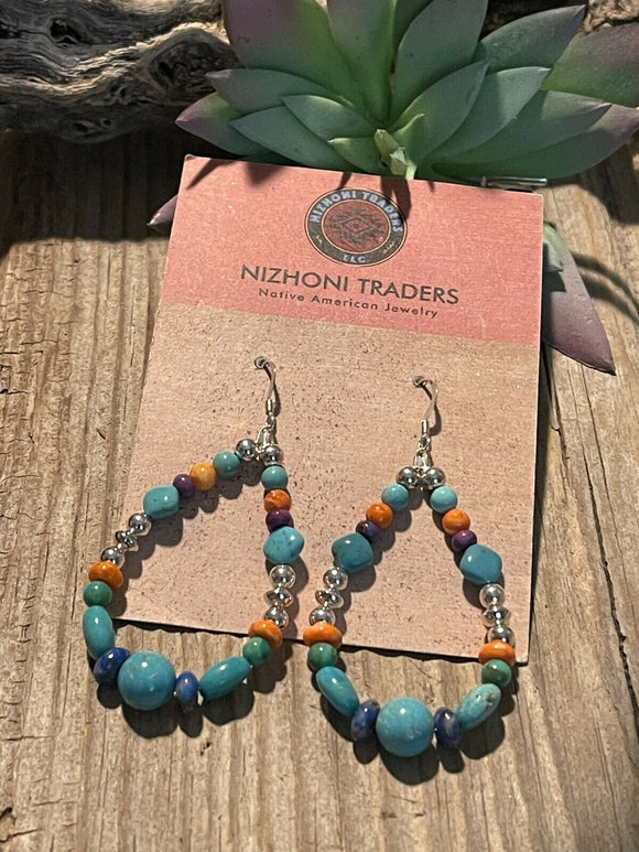 Navajo Sterling Silver Turquoise Multi Stone Beaded Hoop Dangle Earrings