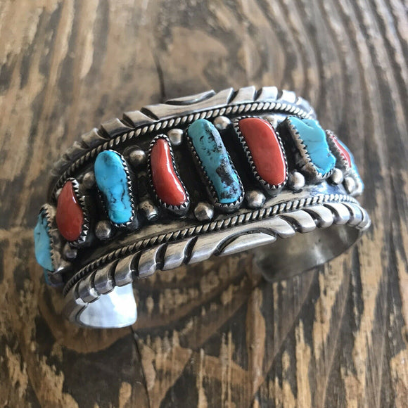 Vintage Turquoise & Natural Red Coral Sterling Silver Navajo Cuff Bracelet Cuff