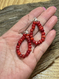 Navajo Sterling Silver Bead Apple Coral Dangle 2 Inch Long Hoop Earrings