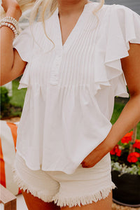 Pleated V-Neck Cap Sleeve Blouse