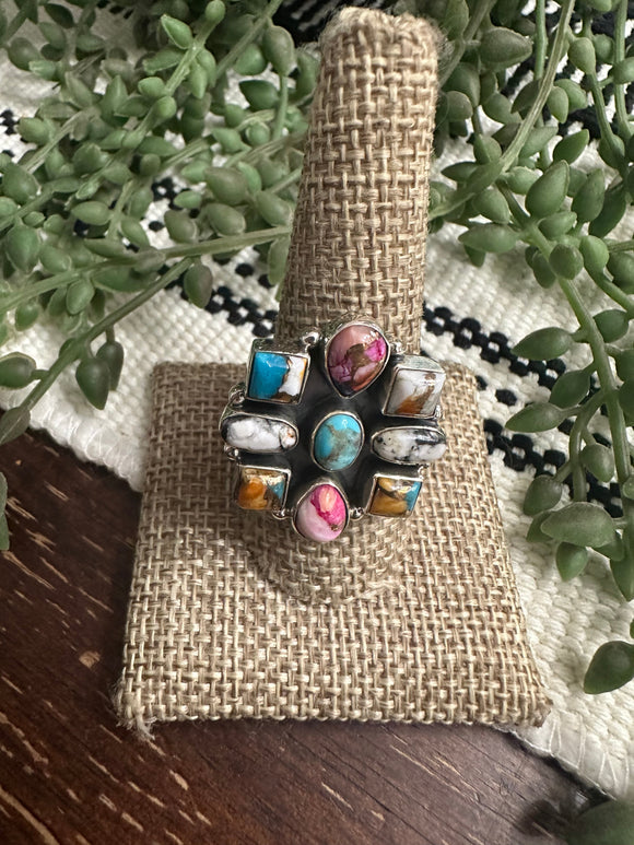 Beautiful Handmade Turquoise, Spice, Pink Dream Mojave, White Buffalo And Sterling Silver Adjustable Ring