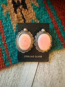 Navajo Sterling Silver & Queen Pink Conch Shell Post Earrings Signed