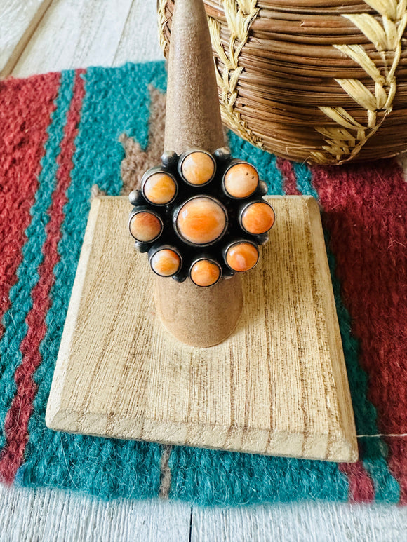 Navajo Sterling Silver & Orange Spiny Cluster Ring Size 6