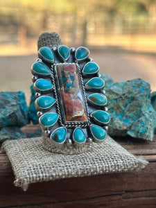 Navajo Made Spice, Kingman Turquoise And Sterling Silver Adjustable Statement  Ring