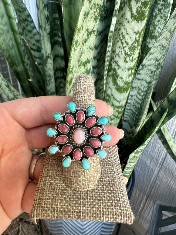 Beautiful Handmade Rhodonite, Turquoise, Pink Conch And Sterling Silver Adjustable Ring