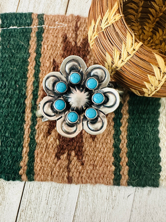 Navajo Sterling Silver & Turquoise Flower Cuff Bracelet