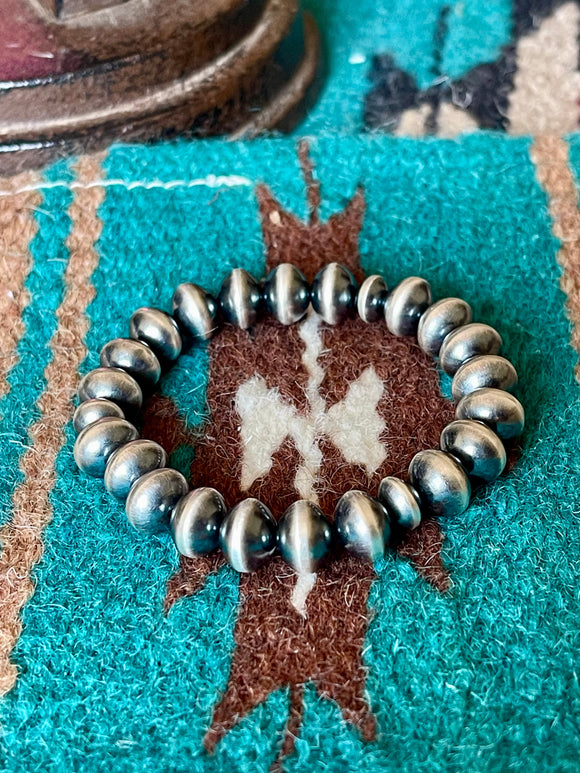 Vinita Cowboy Navajo Handmade 8mm Sterling Silver Beaded Stretch Bracelet