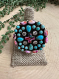 Beautiful Handmade Turquoise, CZ, Pink Dream Mojave And Sterling Silver Adjustable Cross Statement Ring