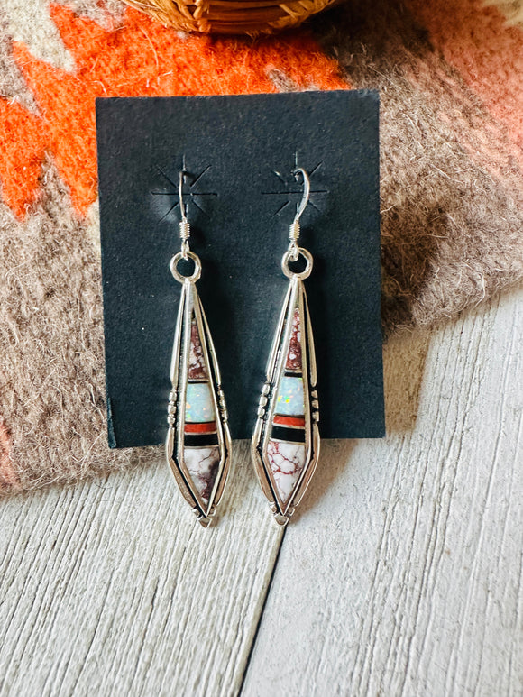 Navajo Sterling Silver & Multi Stone Inlay Dangle Earrings