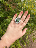 Handmade Sonoran Gold Turquoise, White Fire Opal & Sterling Silver Adjustable Ring Signed Nizhoni