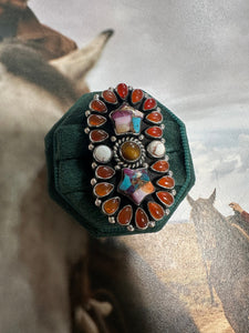 Handmade Amber, Wild Horse, Pink Dream Mojave And Sterling Silver Adjustable Ring