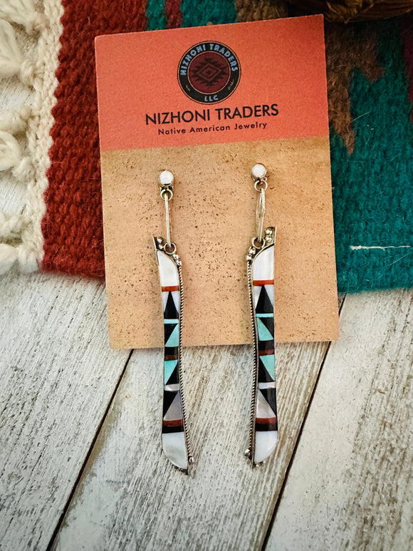 Zuni Multi Stone & Sterling Silver Inlay Dangle Earrings