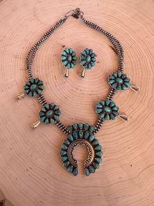 “The Cowgirl” Handmade Sterling Silver, Turquoise Squash Blossom Set