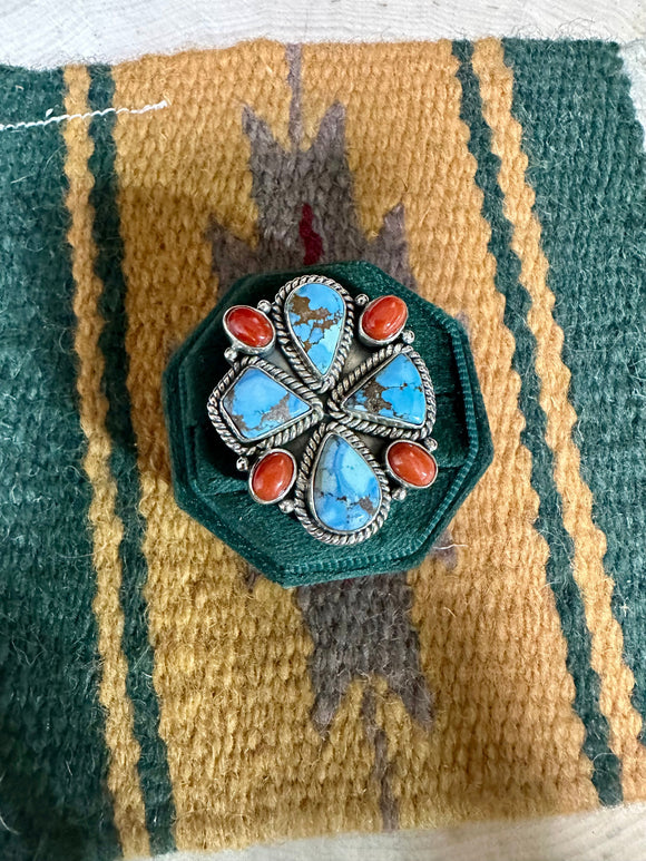 Beautiful Handmade Sterling Silver, Golden Hills Turquoise & Coral Adjustable Ring