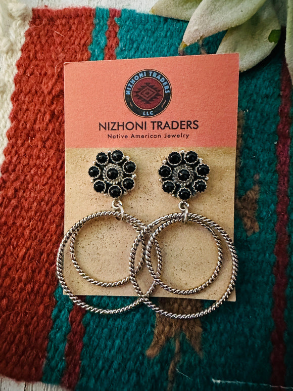 Handmade Onyx, & Sterling Silver Cluster Circle Dangle Earrings Signed Nizhoni