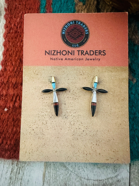 Zuni Sterling Silver & Multi Stone Inlay Cross Post Earrings