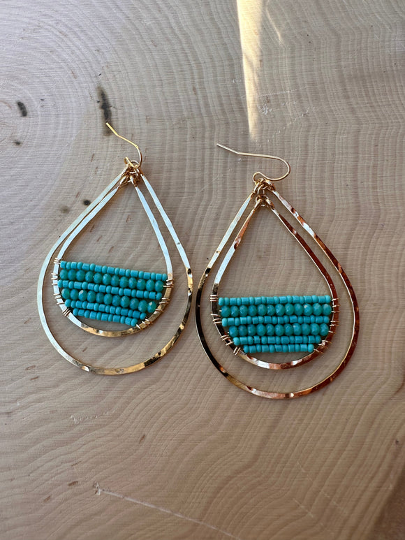 “The Golden Collection” Goldie Double Hoop Handmade Turquoise Beaded & 14k Gold Plated Earrings