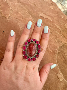 Handmade Thulite, Pink Onyx & Sterling Silver Adjustable Ring