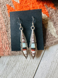 Navajo Sterling Silver & Multi Stone Inlay Dangle Earrings