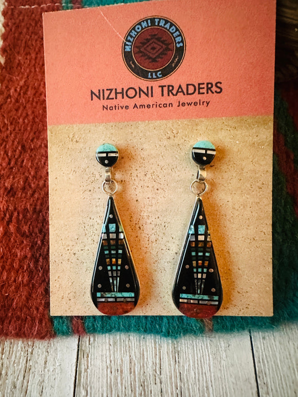 Navajo Sterling Silver & Multi Stone Inlay Dangle Earrings