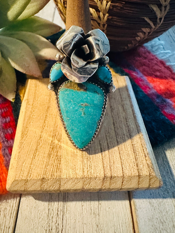 Navajo Sterling Silver & Turquoise Rose Ring Adjustable Ring