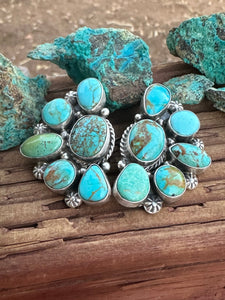 Navajo Turquoise & Sterling Silver Crescent Cluster Earrings signed Elouise Kee