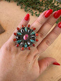 Beautiful Handmade Turquoise, Coral, White Buffalo, Pink Dream Mojave And Sterling Silver Adjustable Statement Ring