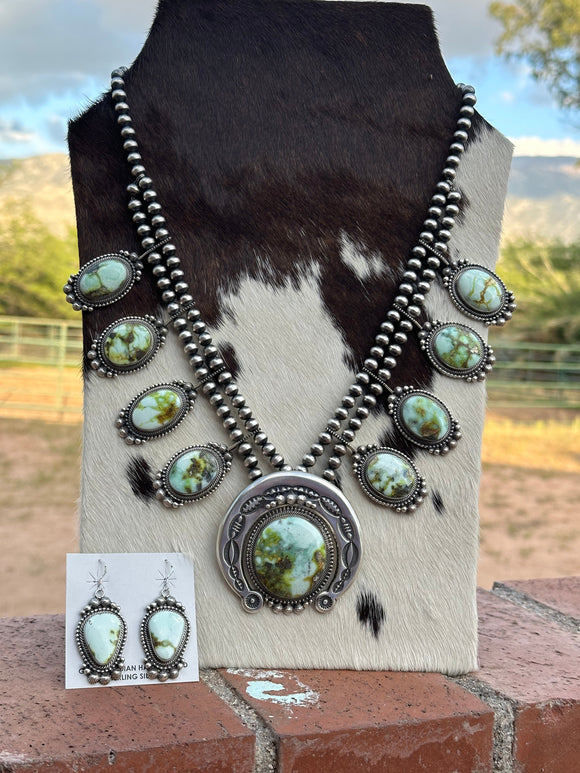 Navajo Sterling Silver & Palomino Turquoise Squash Blossom Necklace and Earring Set