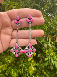 Santa Fe Handmade Hot Pink Fire Opal, CZ and Sterling Silver Dangles