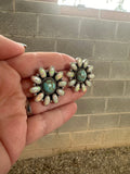 Handmade Flower Sterling Silver, Fire Opal, Number 8 Turquoise Cluster Post Earrings Signed Nizhoni